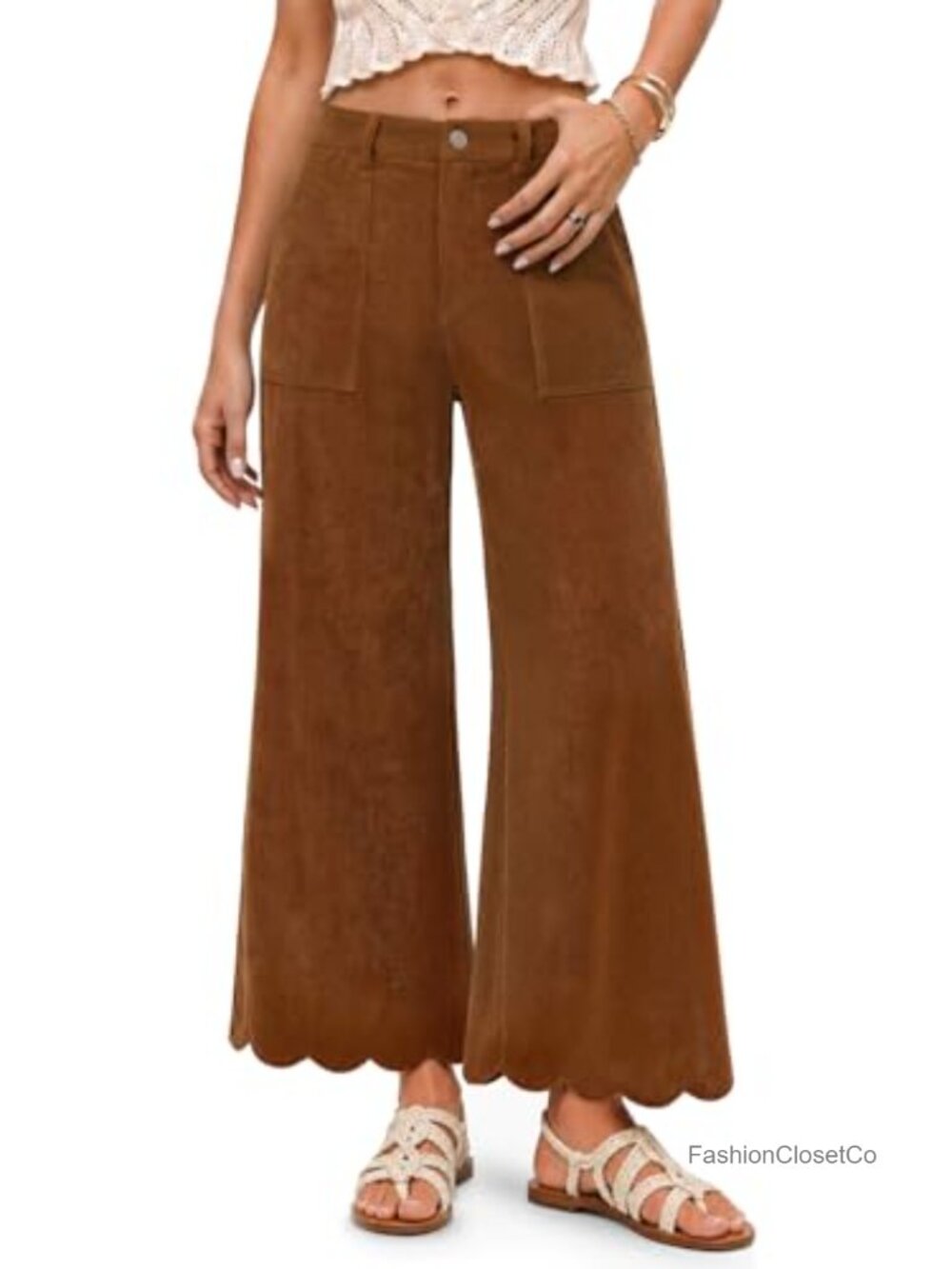 Corduroy Wide Leg Pants with Pockets High Waist Scalloped Hem - Picture 1 of 6